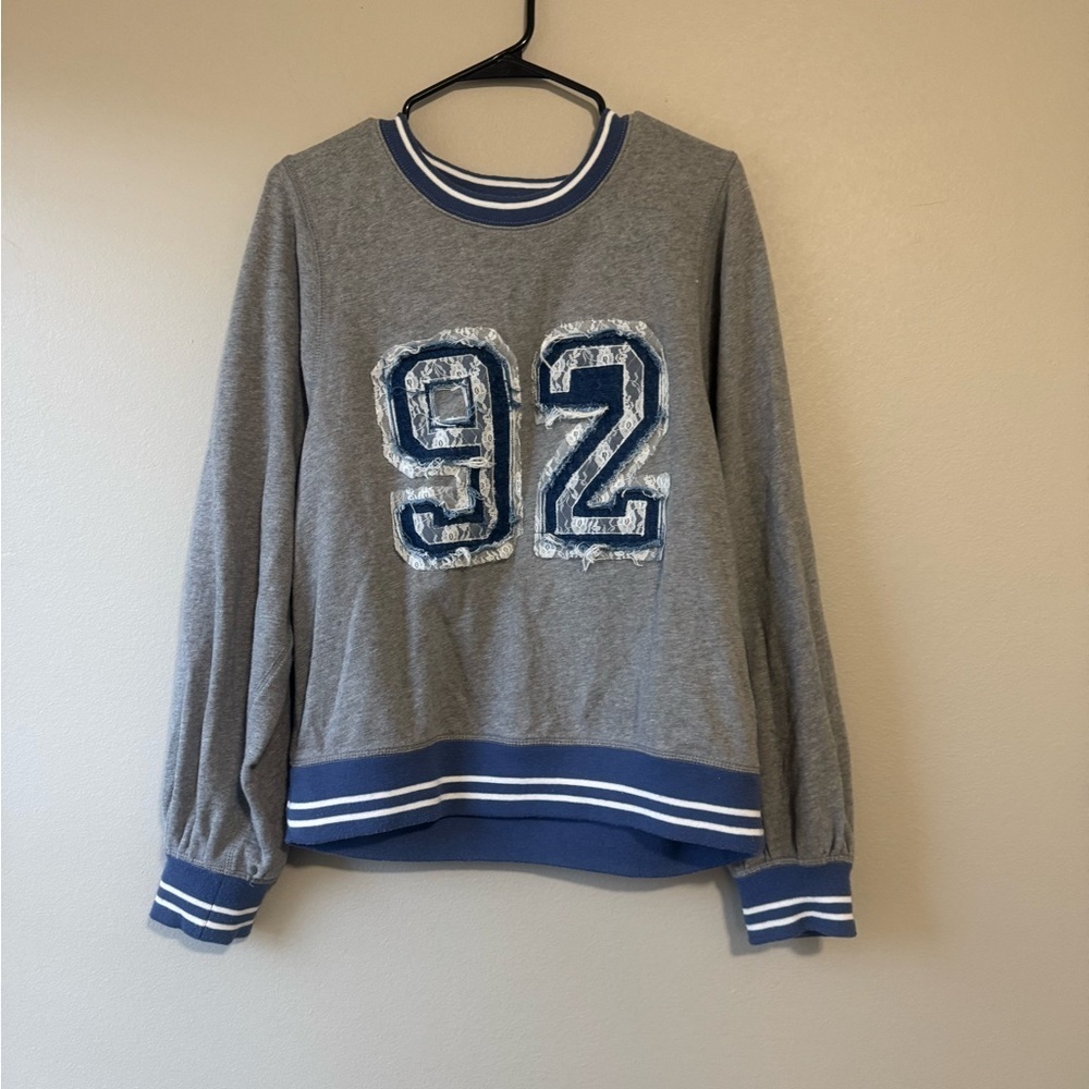 Anthropologie Pilcro Gray Sweatshirt with Blue Number lace Design size small - Picture 3 of 8